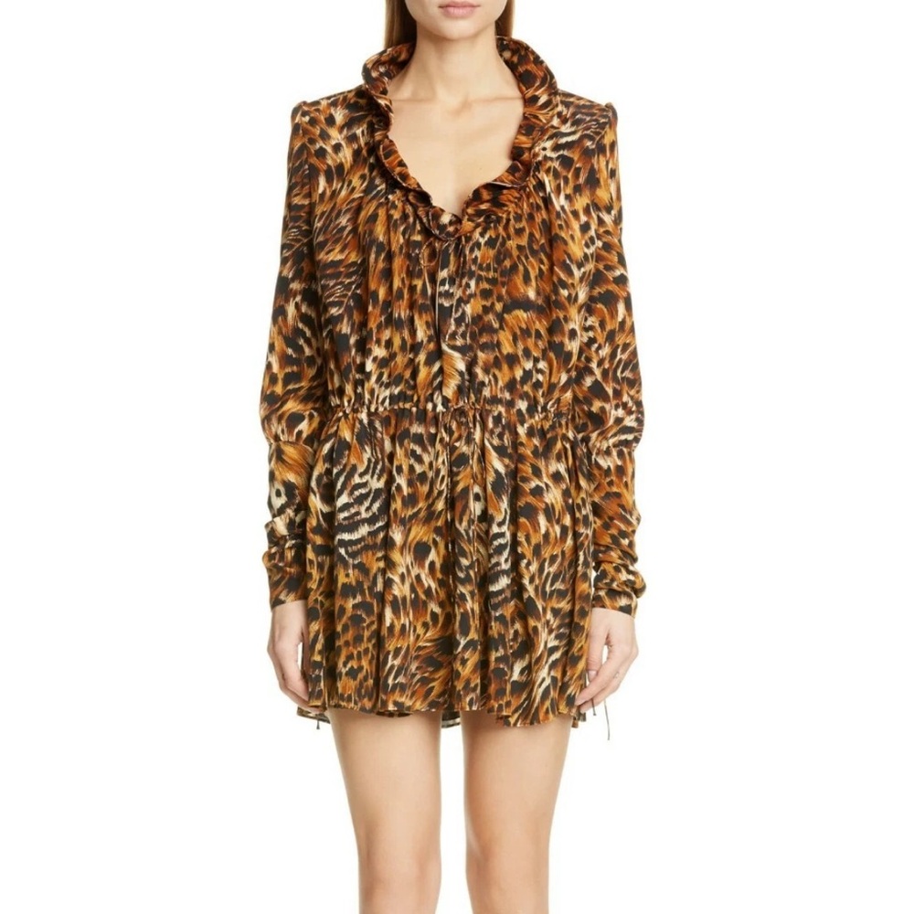 SAINT LAURENT YSL Leopard Print Silk Ruffle Tie Waist Cocktail Dress 8 US M 40